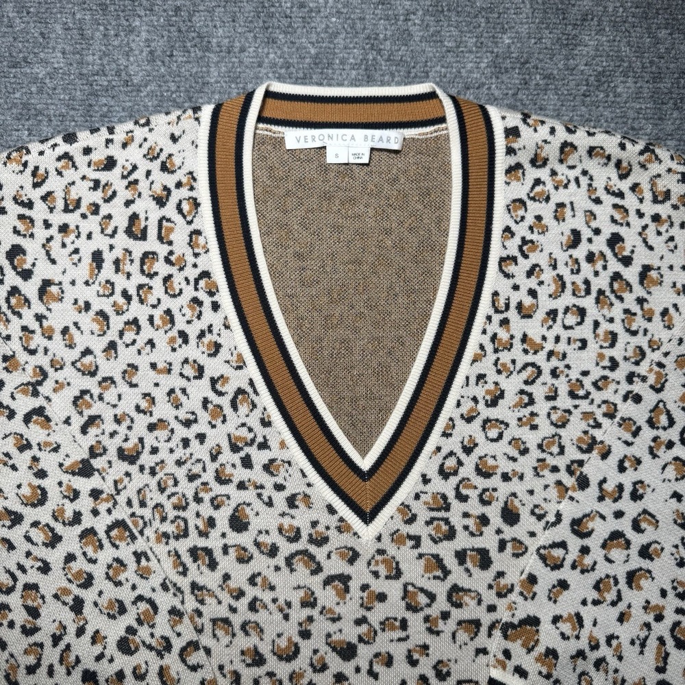 Veronica Beard Leopard Cheetah Print V-neck Pullover Sweater S Merino Wool Blend - Picture 4 of 13